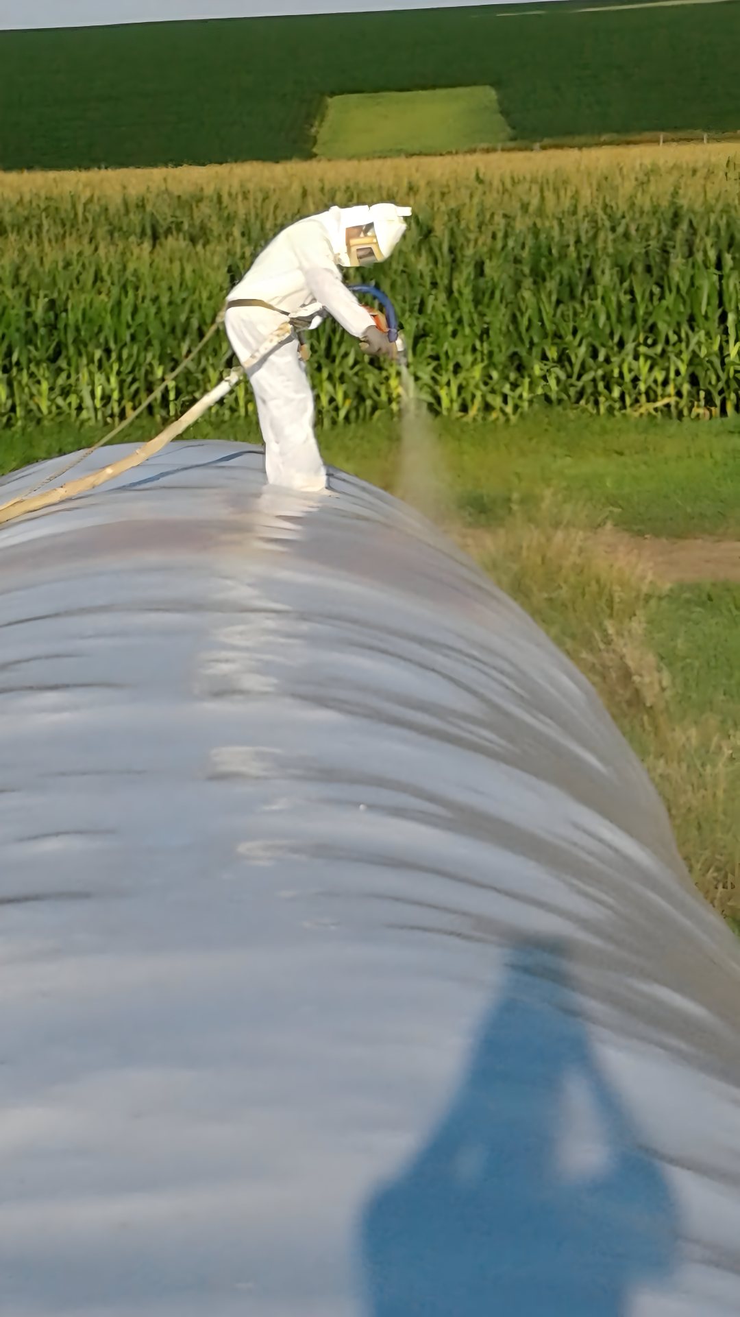 Applicator spraying Agri-Seal onto a silage ag bag in a corn field