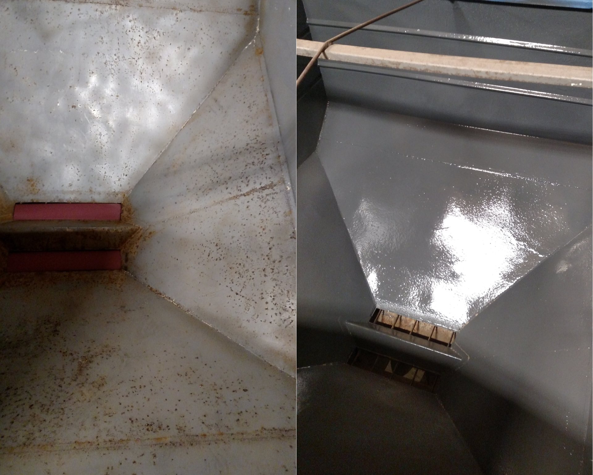 Fertilizer hopper before and after being lined with an Oak Ridge industrial liner