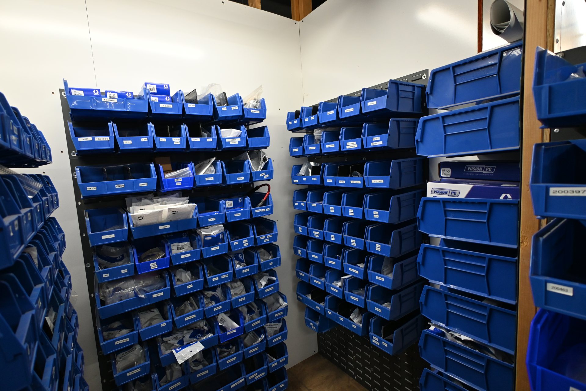 Graco and PMC spare parts stocked in bins at the Oak Ridge warehouse