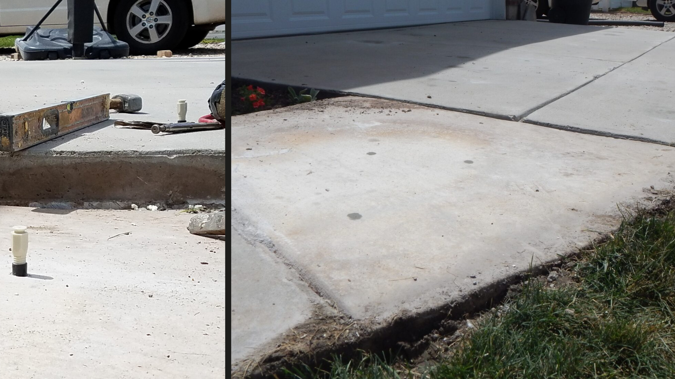 Side by side photo of a concrete side walk before and after using foam to lift and level